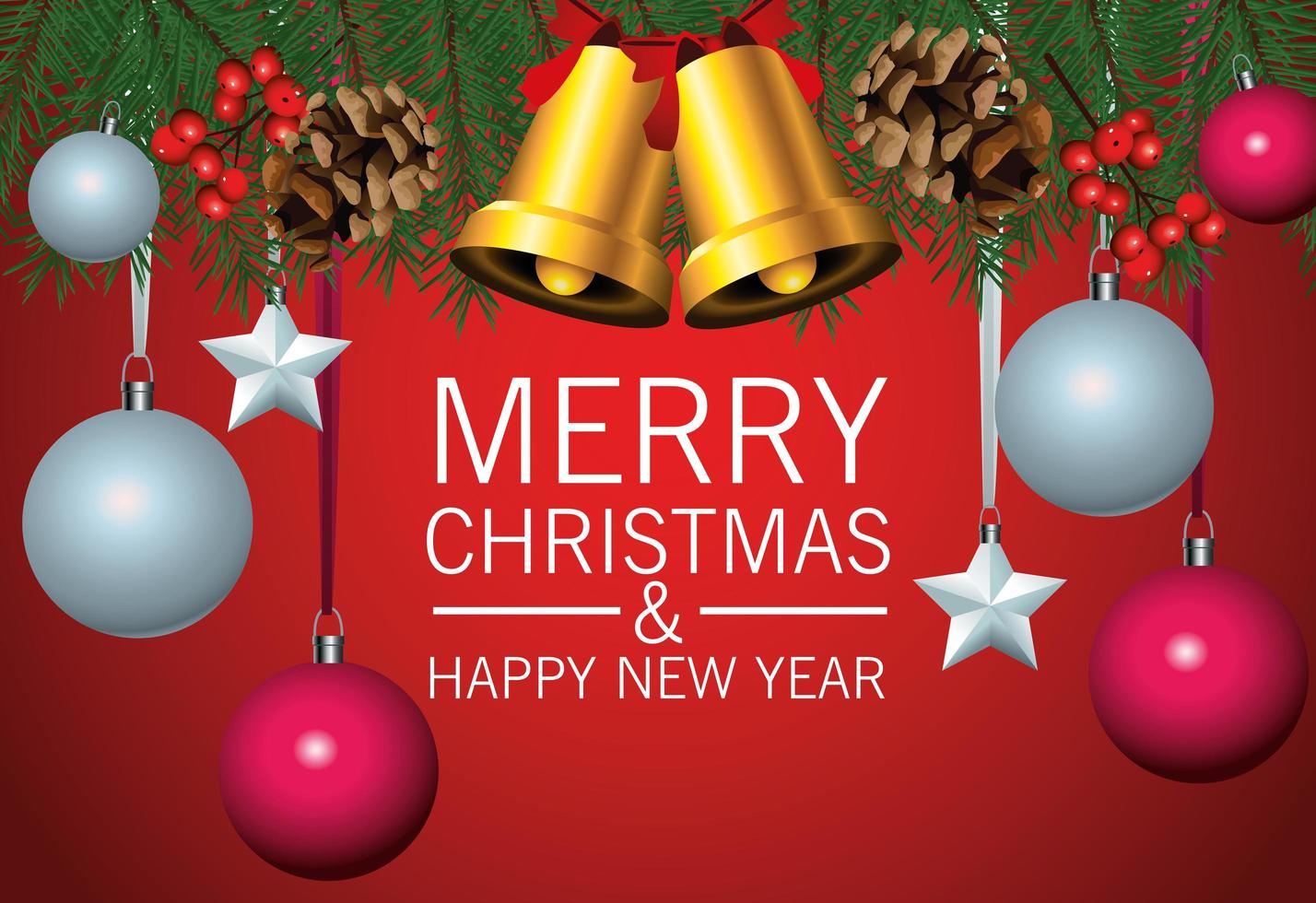 Feliz Navidad tarjeta de letras con campanas de oro y bolas en fondo rojo. vector