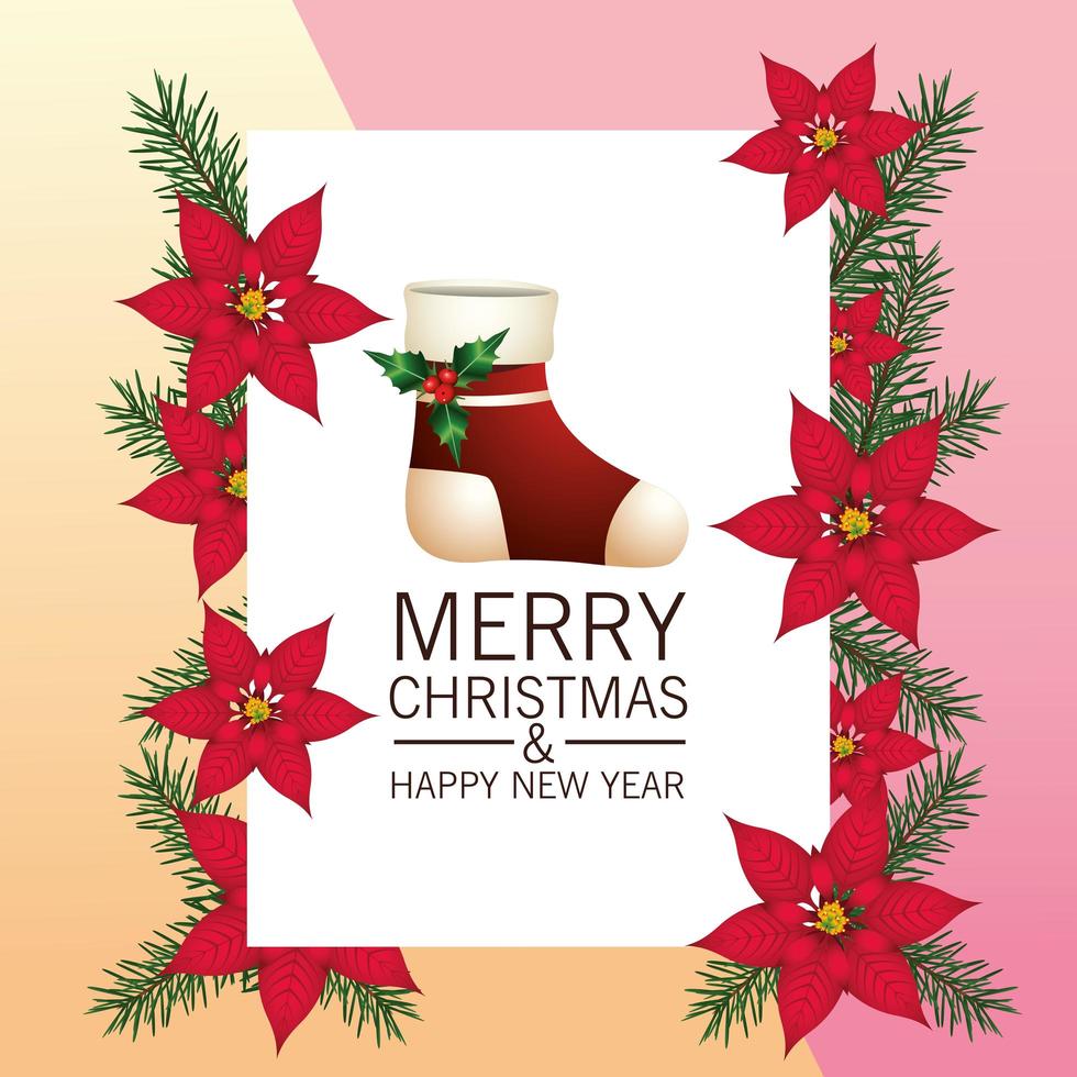 feliz navidad tarjeta de letras con calcetín y marco de flores 2523387  Vector en Vecteezy
