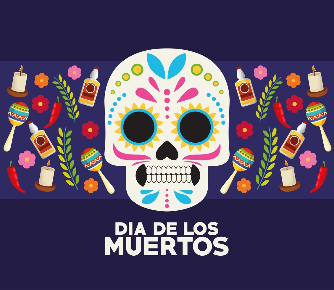 Cartel de celebración del Día de los Muertos con cabeza de calavera e iconos vector