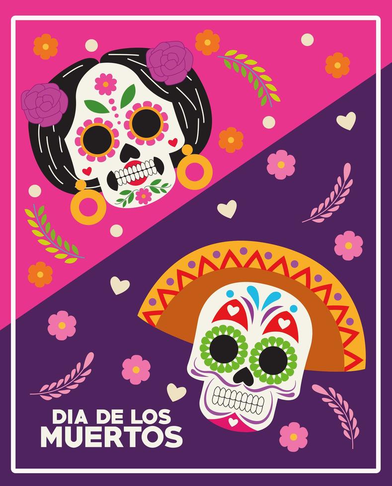 cartel de celebración del dia de los muertos con pareja de calaveras y flores vector