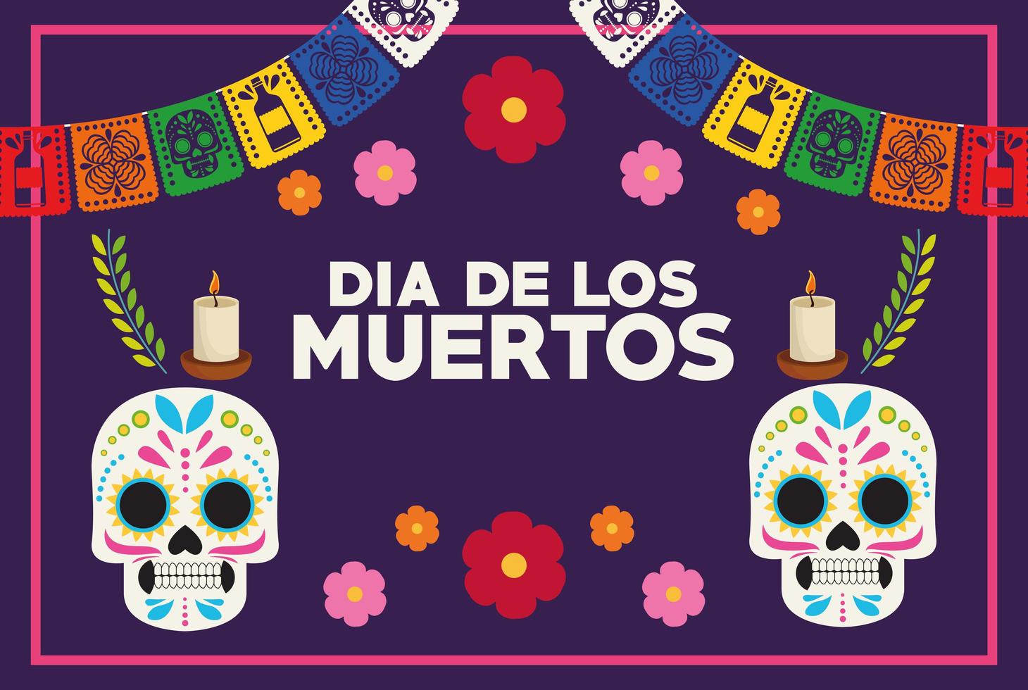 cartel de celebración del dia de los muertos con pareja de calaveras y guirnaldas vector