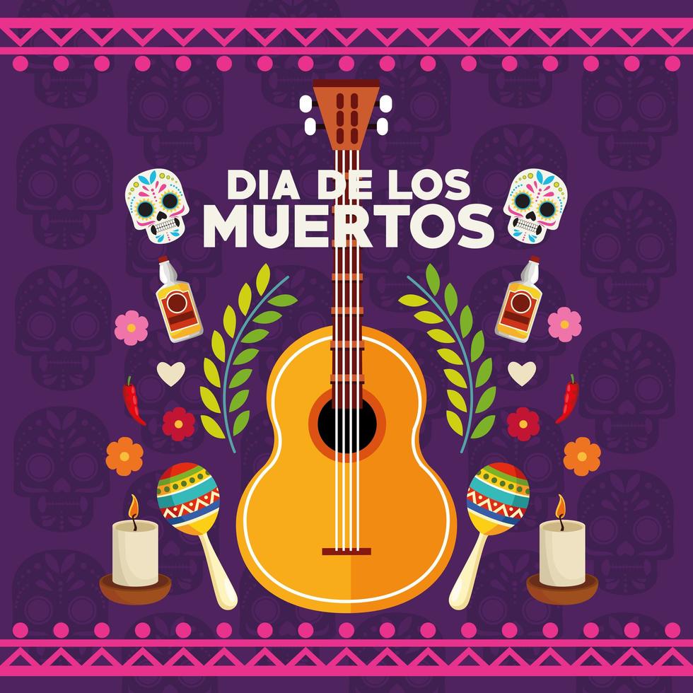 dia de los muertos celebration poster with skulls couple and set icons vector