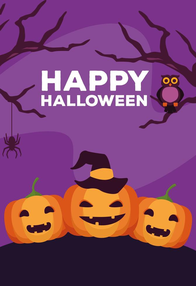 happy halloween celebration card with pumpkins and owl night scene vector