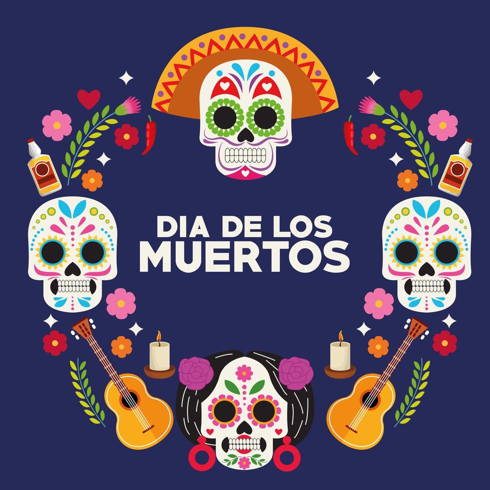 cartel de celebración del dia de los muertos con grupo de cabezas de calaveras y guitarras alrededor vector