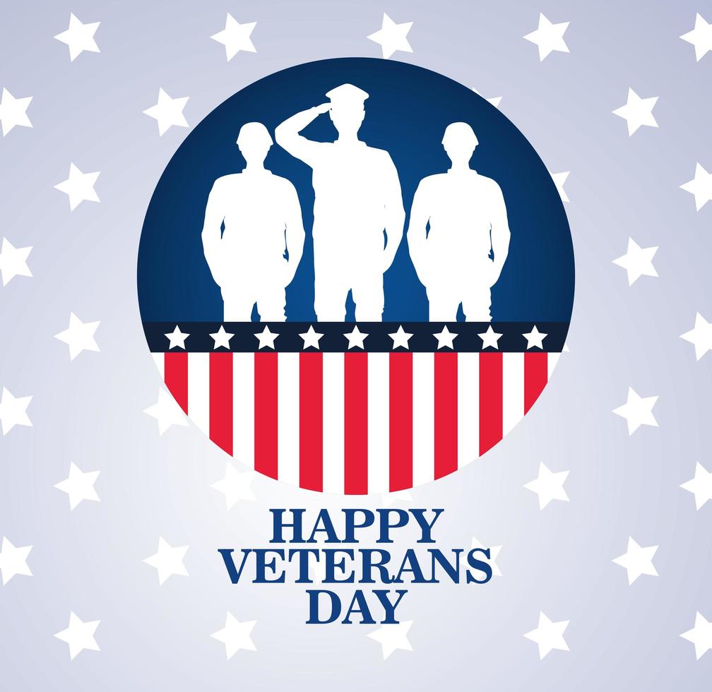 Feliz celebración del día de los veteranos con oficiales militares y soldados saludando en marco circular vector