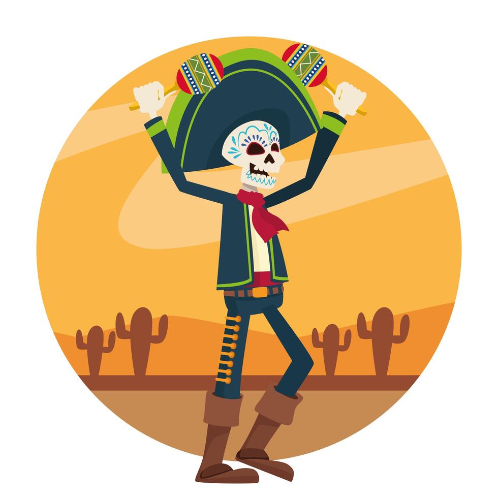 dia de los muertos celebration card with mariachi skeleton playing maracas in desert vector