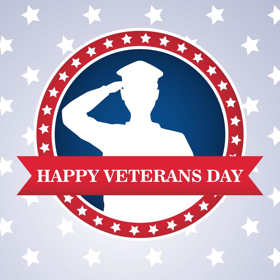 Feliz celebración del día de los veteranos con oficial militar saludando en marco circular vector