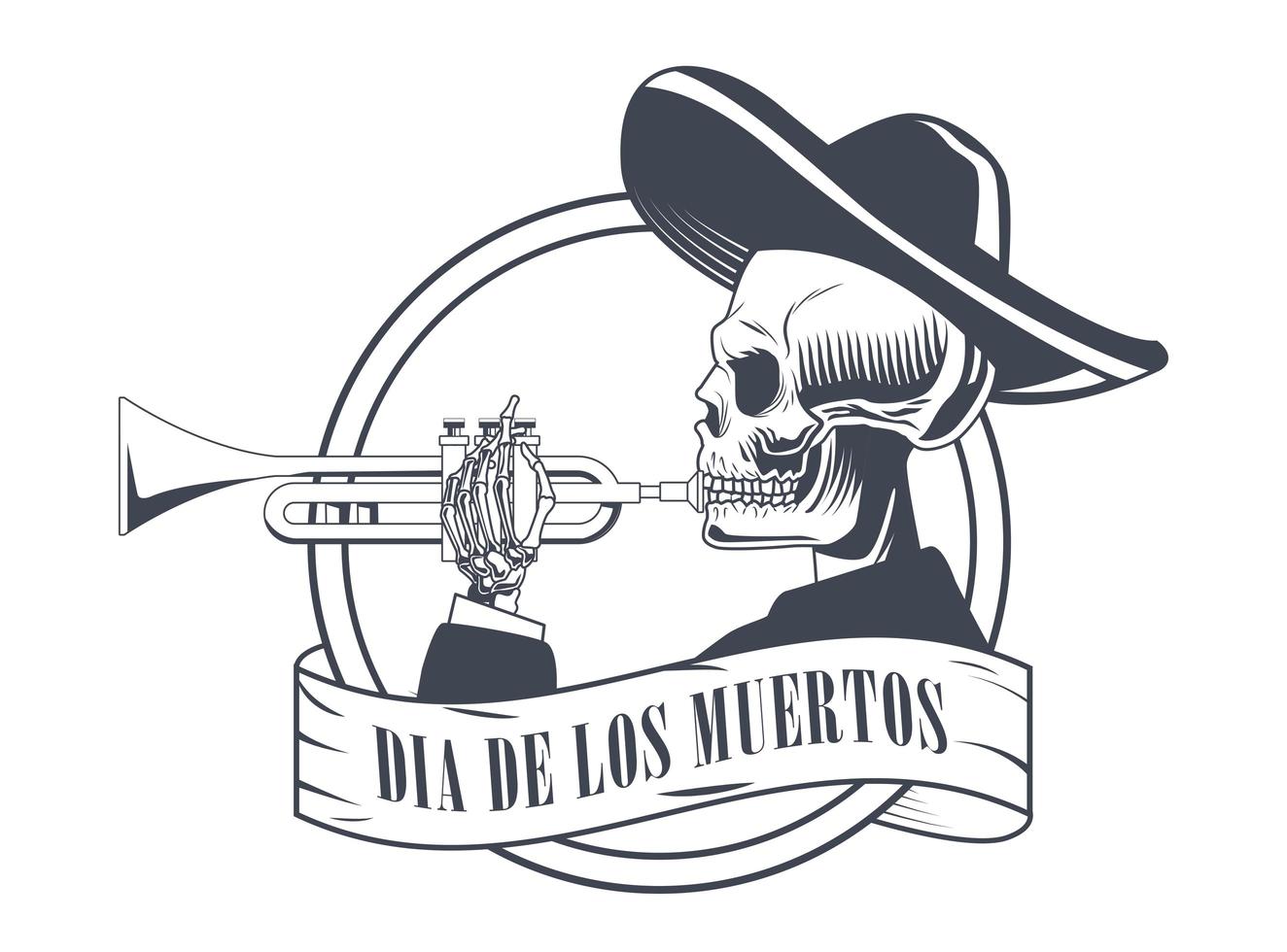 cartel de dia de los muertos con dibujo de calavera de mariachi tocando trompeta vector