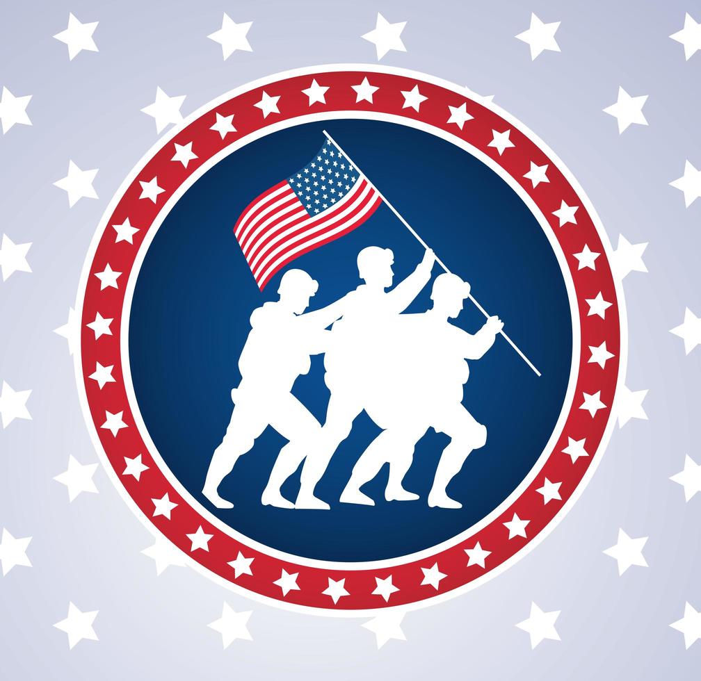 happy veterans day celebration with soldiers lifting usa flag in pole circular frame vector