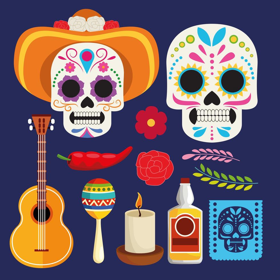 dia de los muertos celebration poster with skulls couple and instruments vector