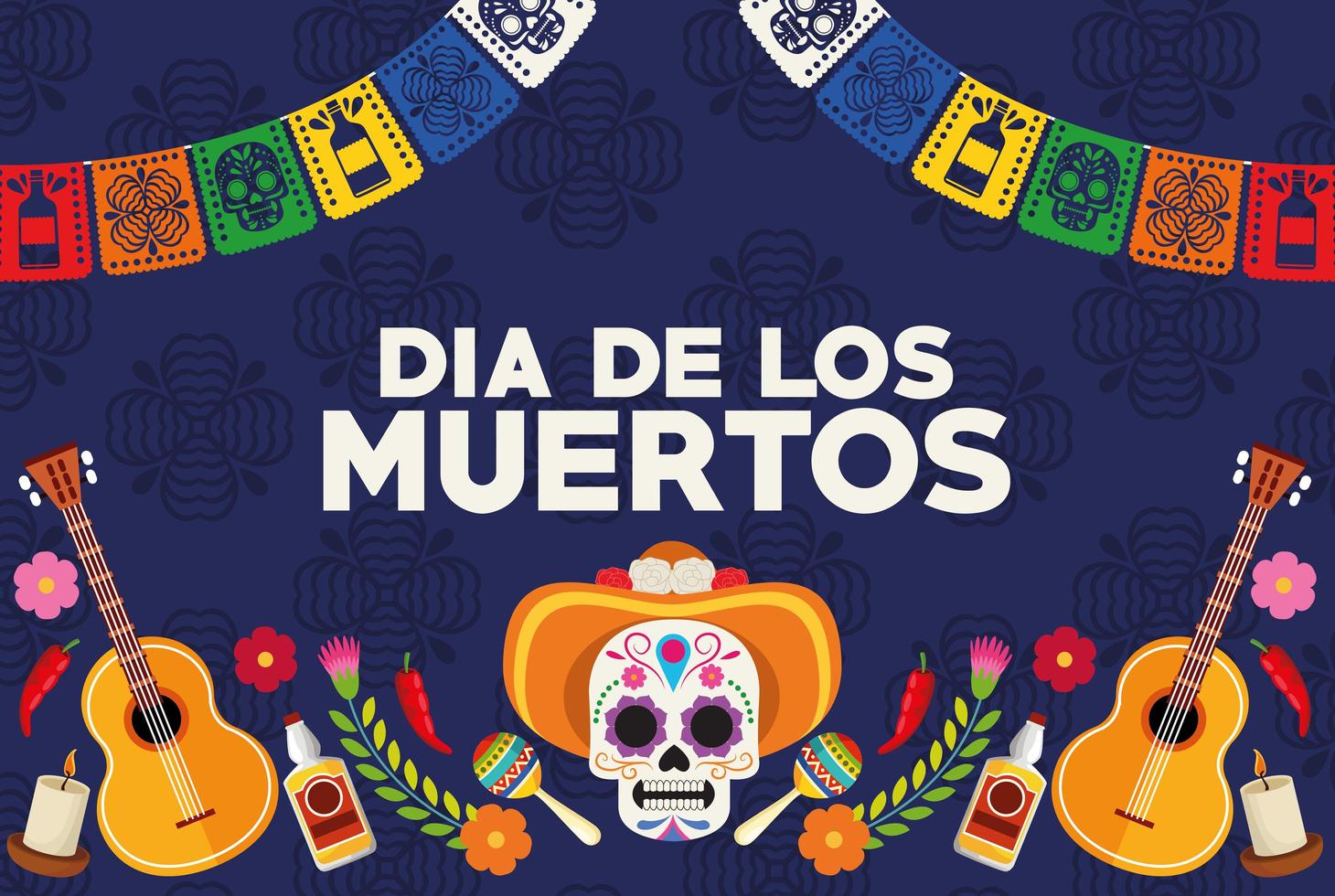 dia de los muertos celebration poster with skull head wearing hat and guitars vector