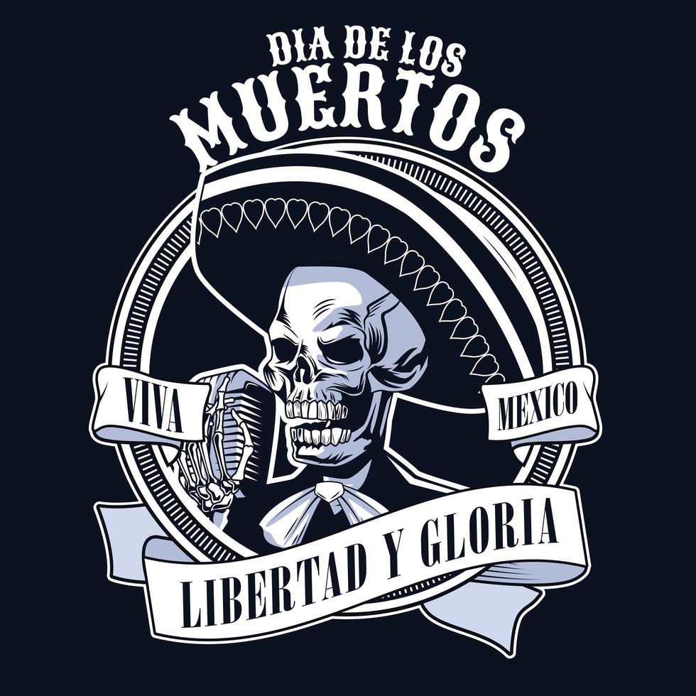 cartel del dia de los muertos con calavera de mariachi cantando con micrófono colores monocromáticos vector