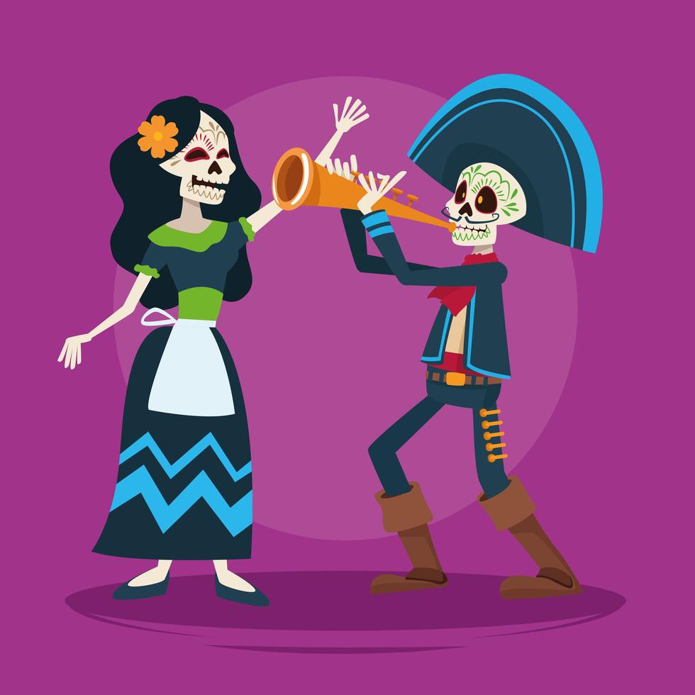 tarjeta de celebración del dia de los muertos con pareja de esqueletos y trompeta vector