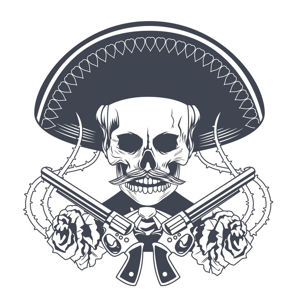 dia de los muertos poster with mariachi skull and guns crossed drawn vector