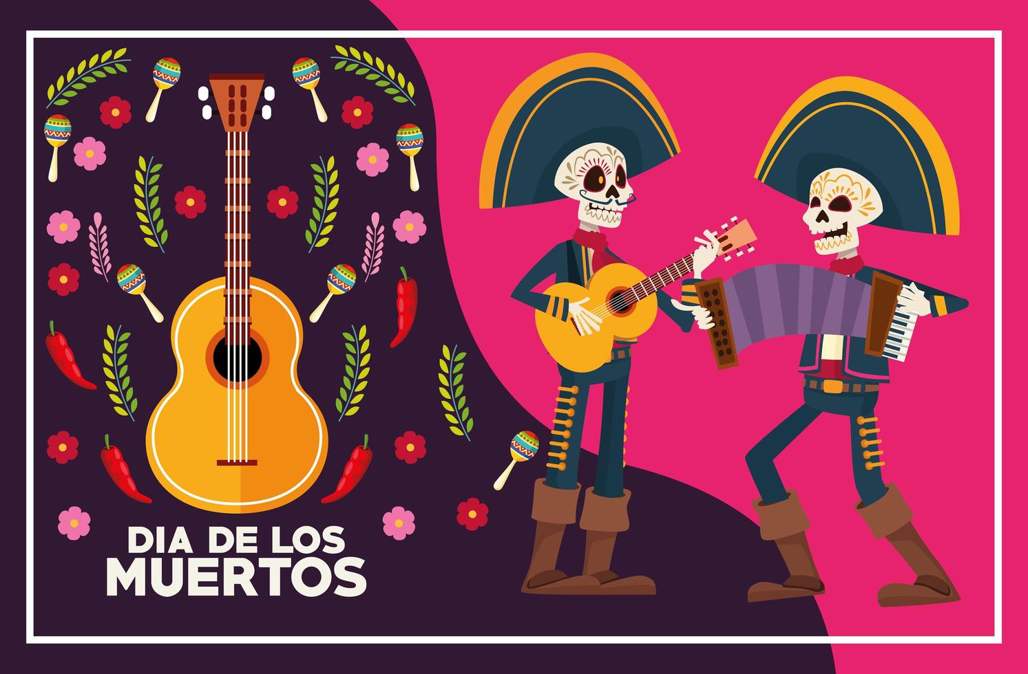 tarjeta de celebración del dia de los muertos con esqueletos mariachis tocando instrumentos vector