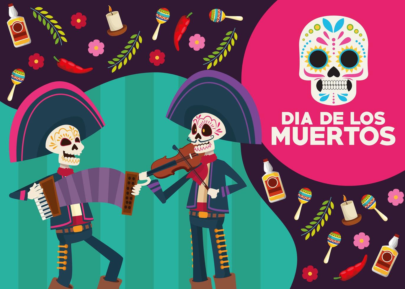 tarjeta de celebración del dia de los muertos con esqueletos mariachis y calavera pintada vector