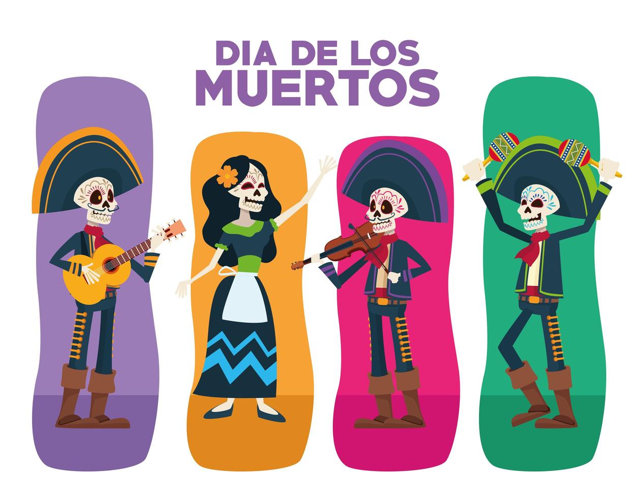 dia de los muertos lettering card with skeletons group characters vector