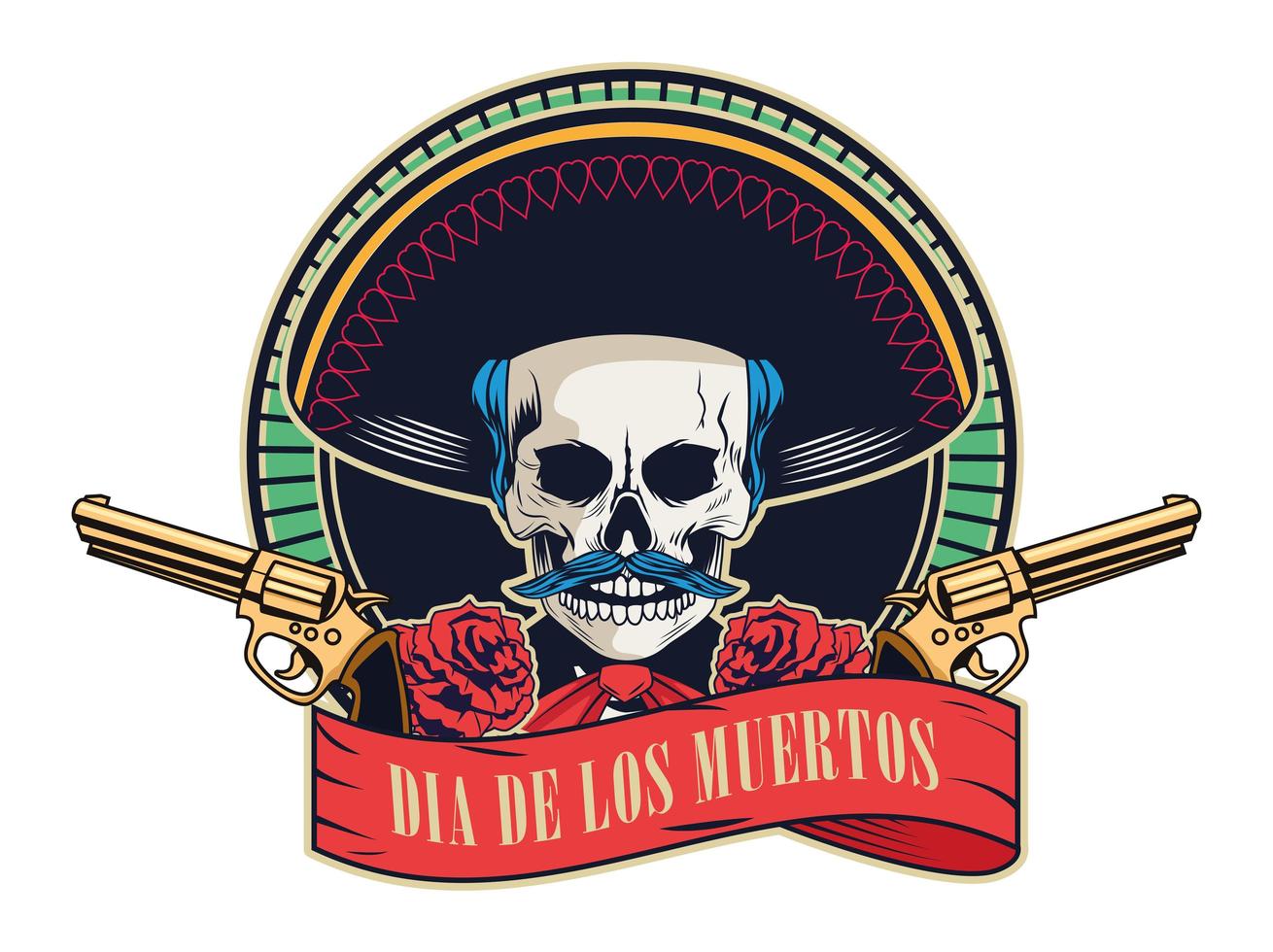 dia de los muertos poster with mariachi skull and guns crossed in ribbon frame vector