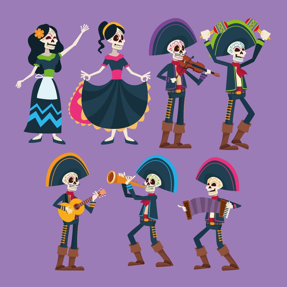 dia de los muertos celebration card with skeletons group characters vector