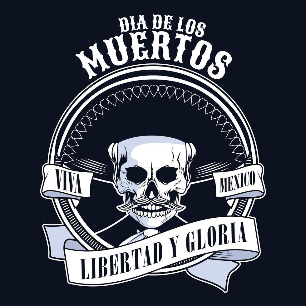 dia de los muertos poster with mariachi skull in ribbon frame vector