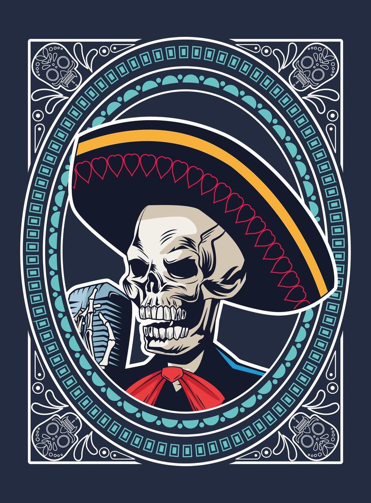 dia de los muertos poster with mariachi skull singing with microphone square frame vector