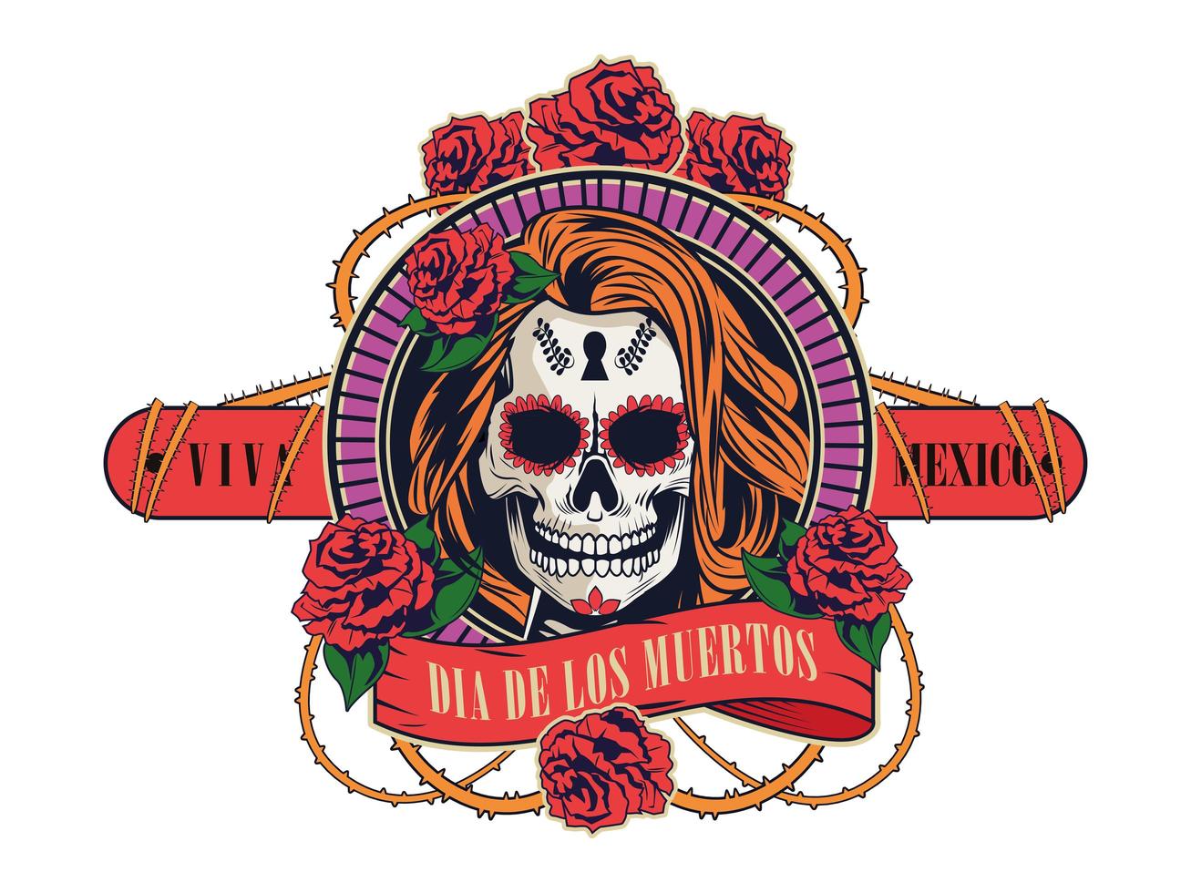 dia de los muertos celebration with woman skull and roses flowers vector