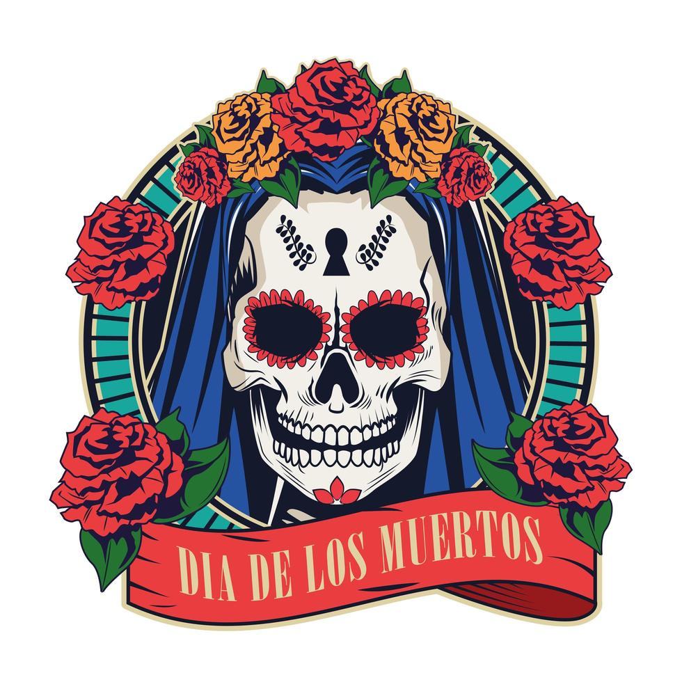 dia de los muertos celebration with woman skull in red ribbon frame vector