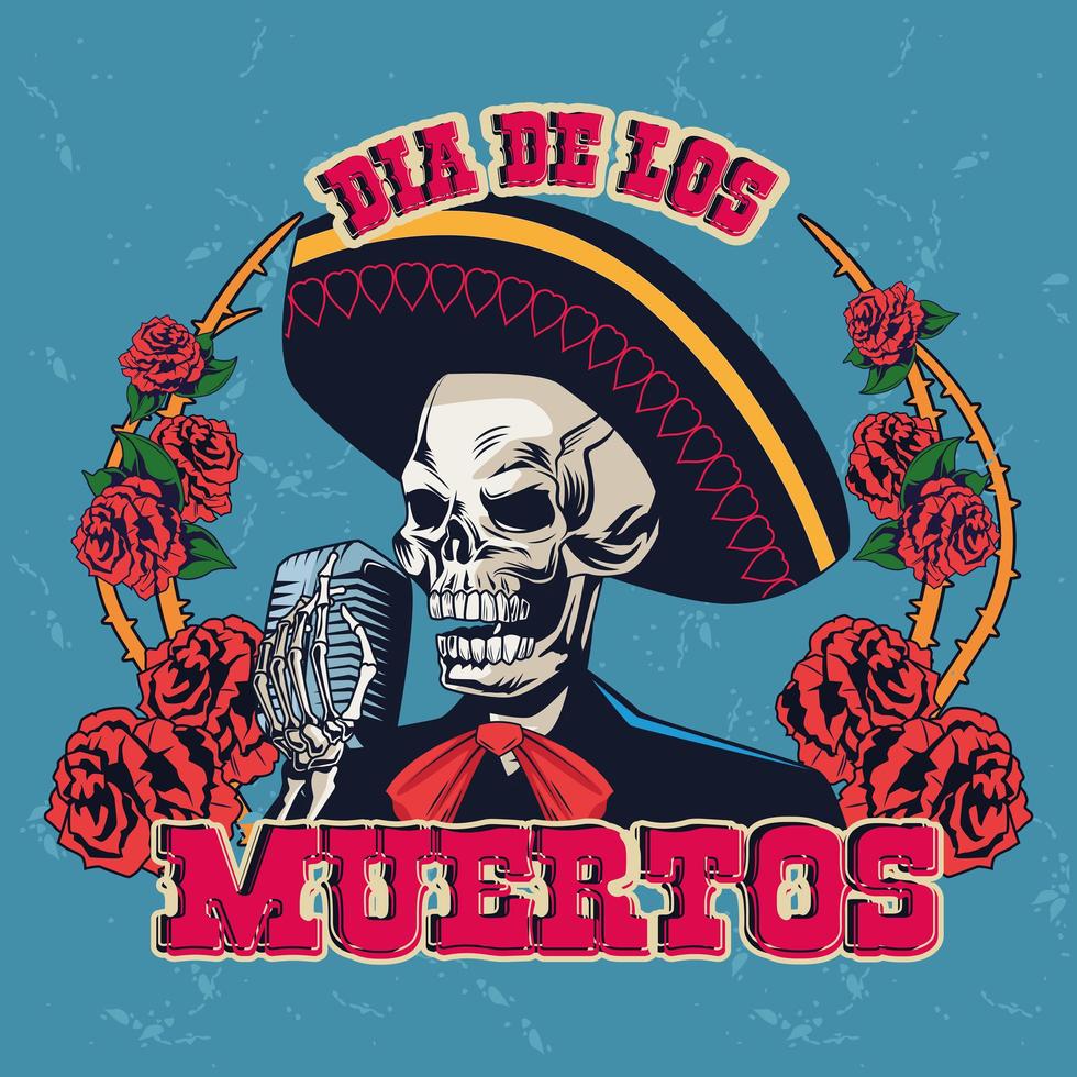 cartel del dia de los muertos con calavera de mariachi cantando con micrófono y rosas vector
