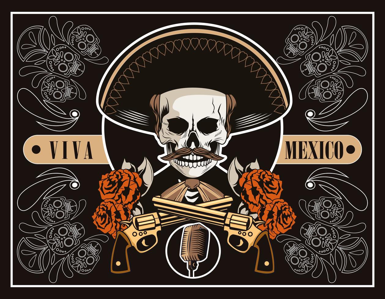 cartel de dia de los muertos con calavera de mariachi y pistolas cruzadas en cartel marrón vector