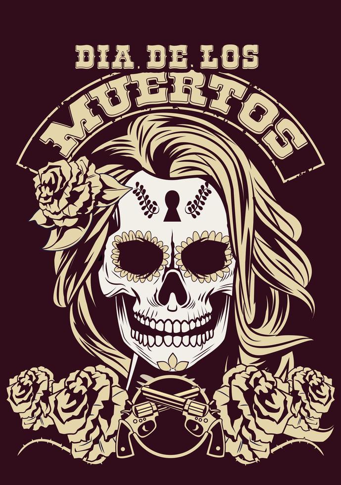 dia de los muertos celebration with woman skull with guns crossed vector