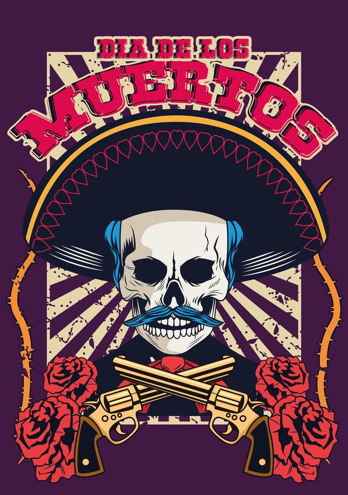cartel del dia de los muertos con calavera de mariachi y pistolas cruzadas vector