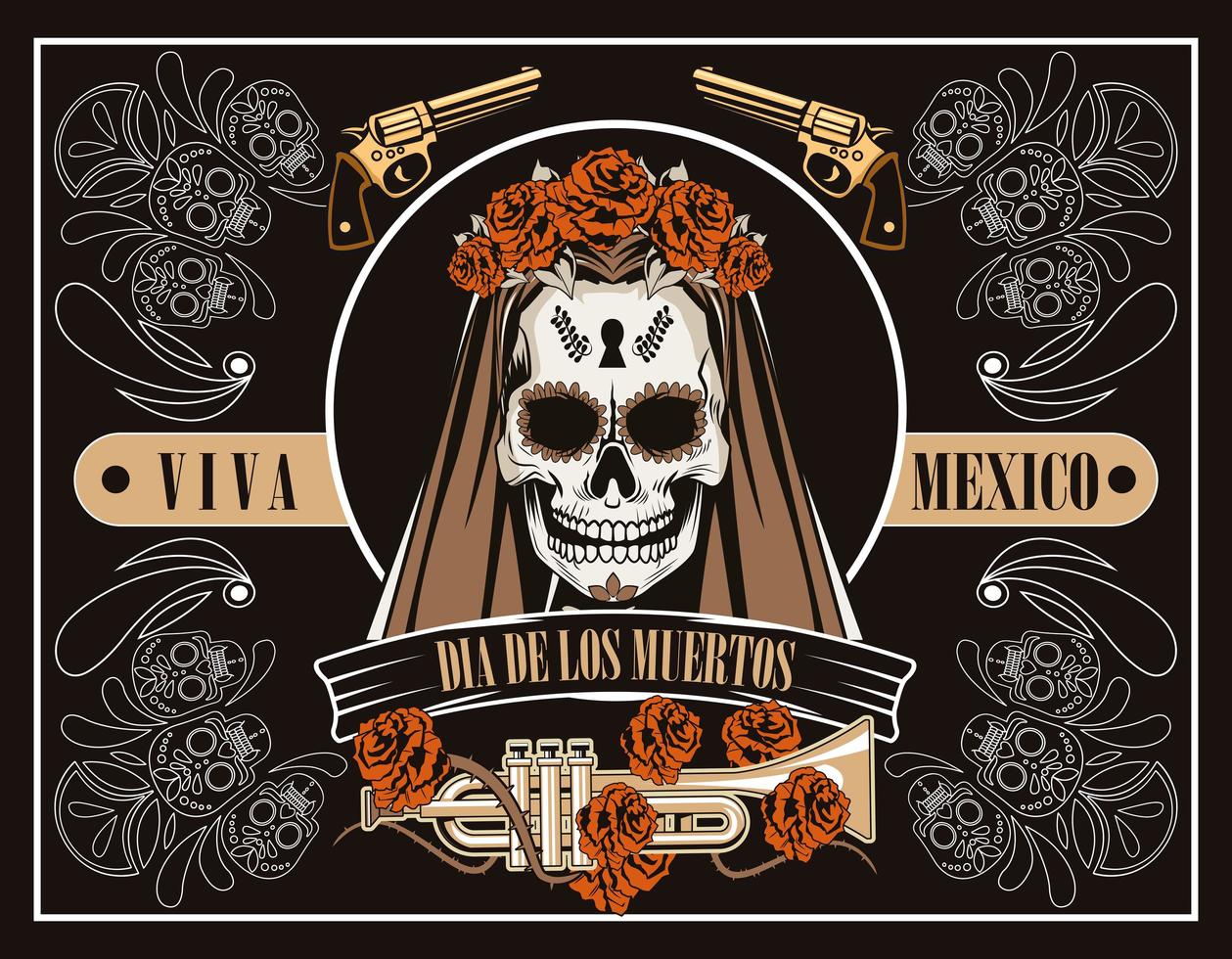 dia de los muertos celebration with woman skull and trumpet in brown background vector