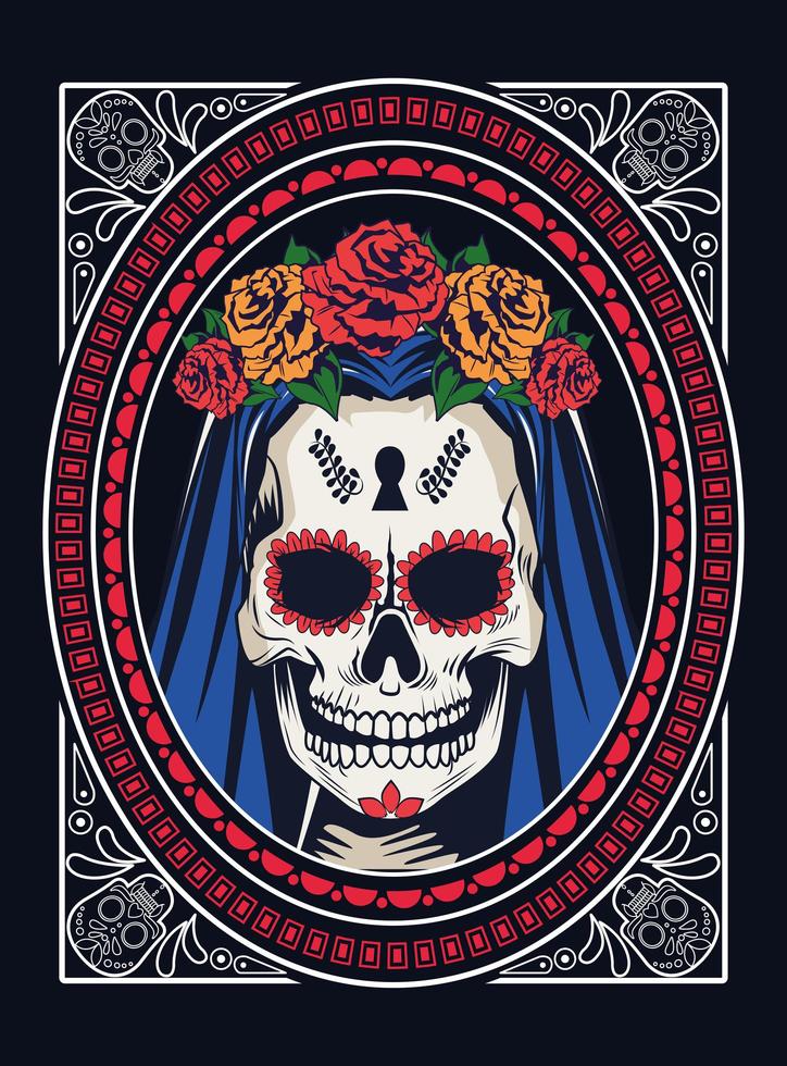 dia de los muertos celebration with woman skull and roses in square frame vector
