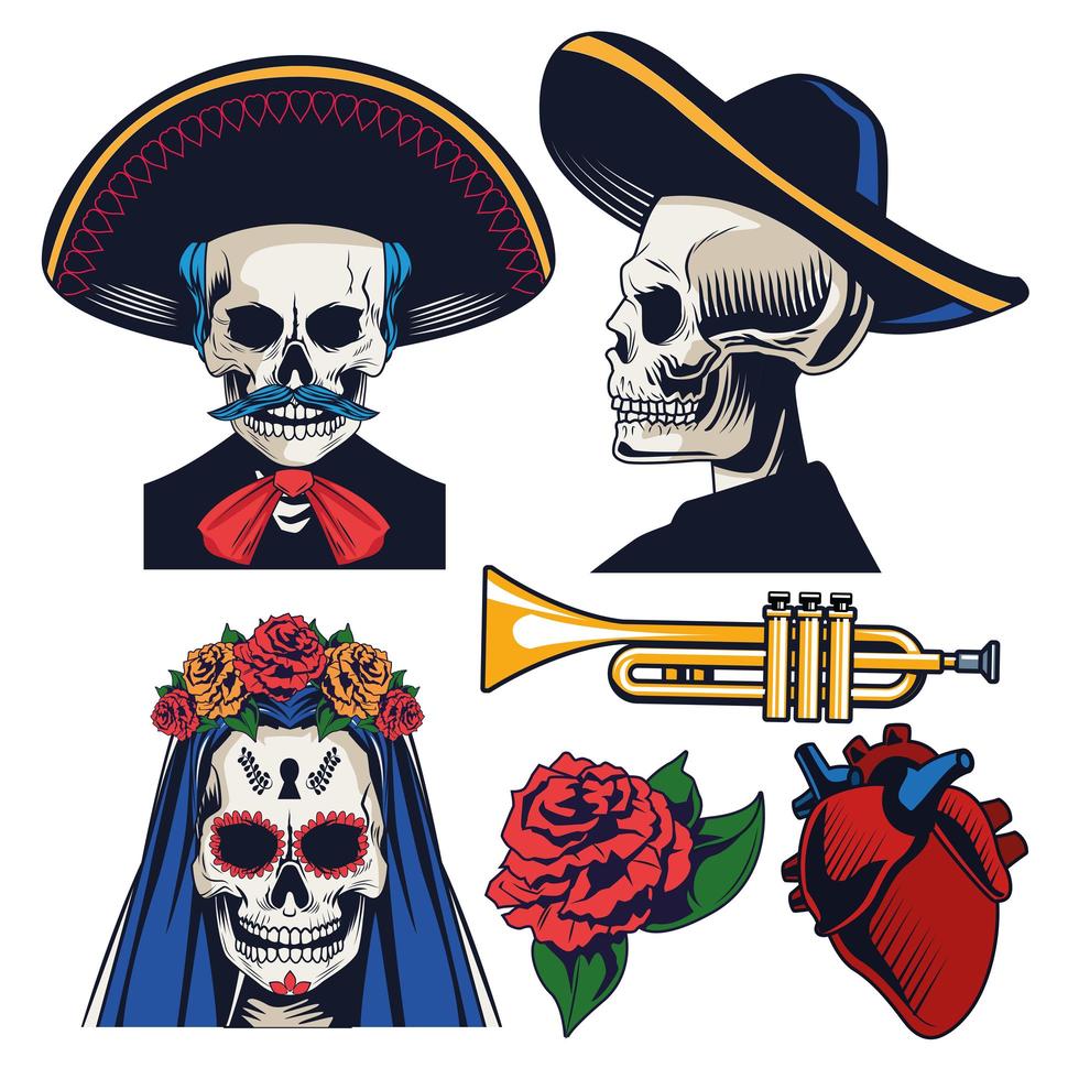 celebración del dia de los muertos con iconos de paquete vector