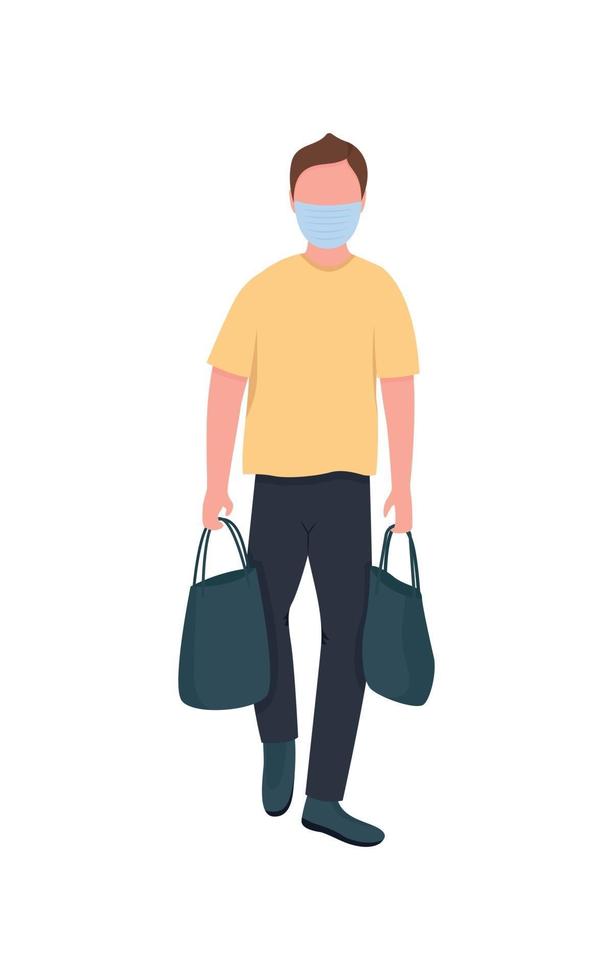 Caucasian man in mask with bags flat color vector faceless character