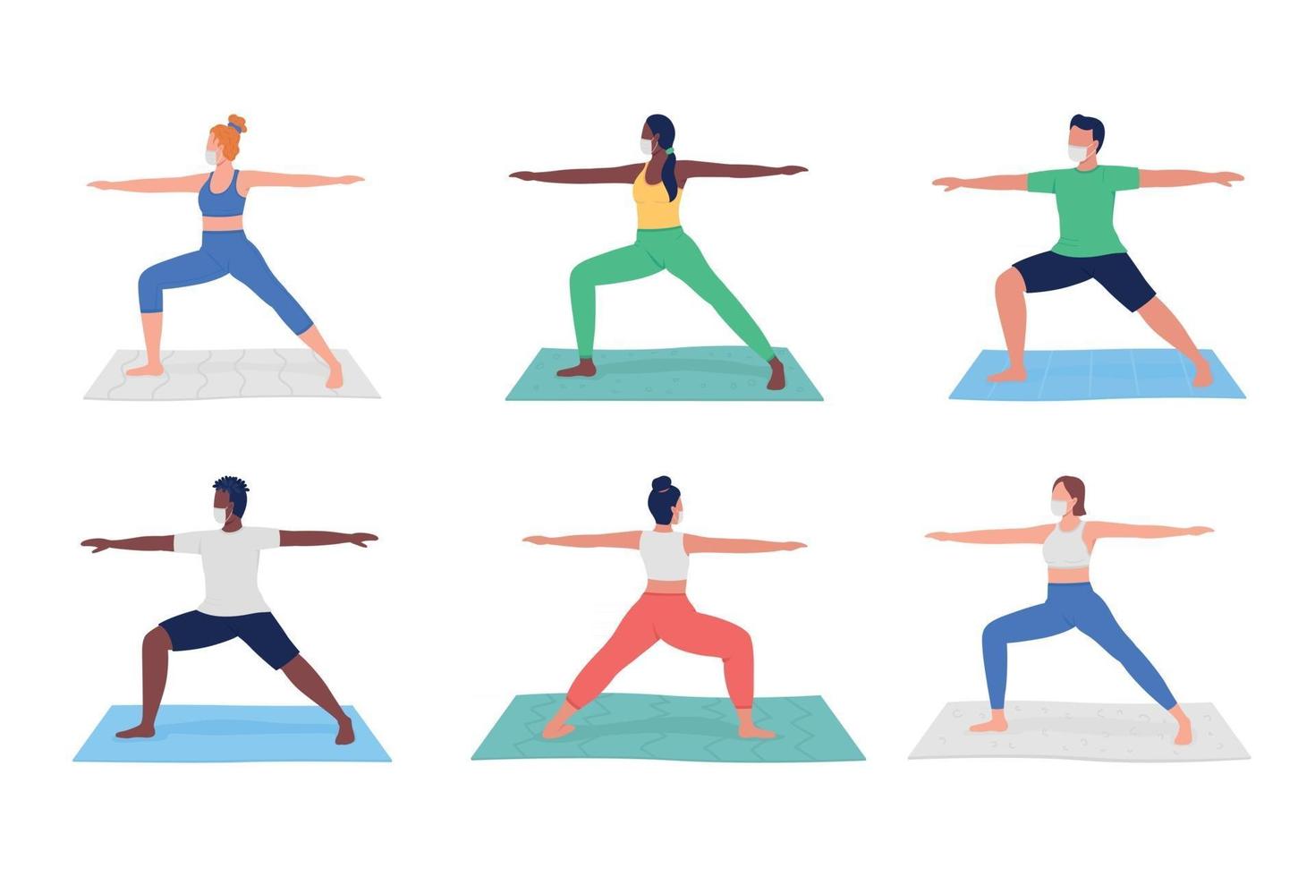 Yoga class during pandemic flat color vector faceless character set
