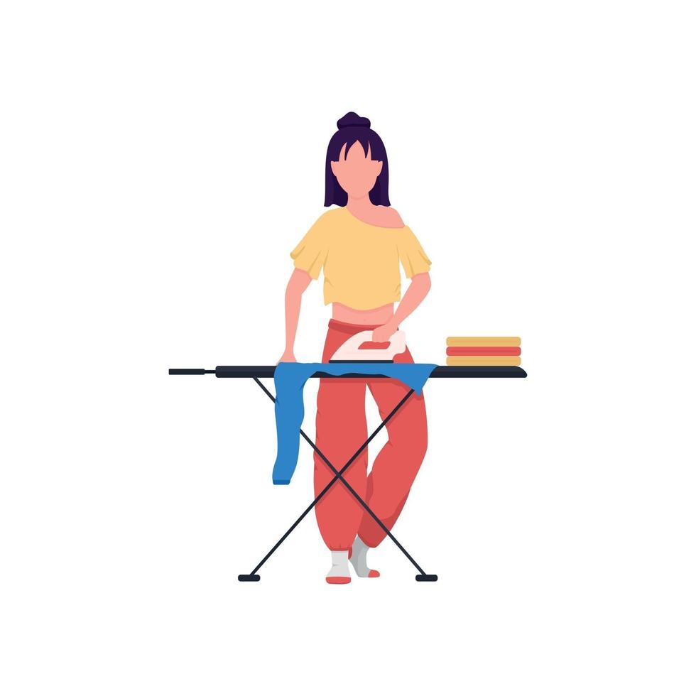 Woman ironing clothes flat color vector faceless character