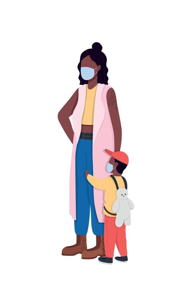 African american mother and son wearing masks flat color vector faceless characters