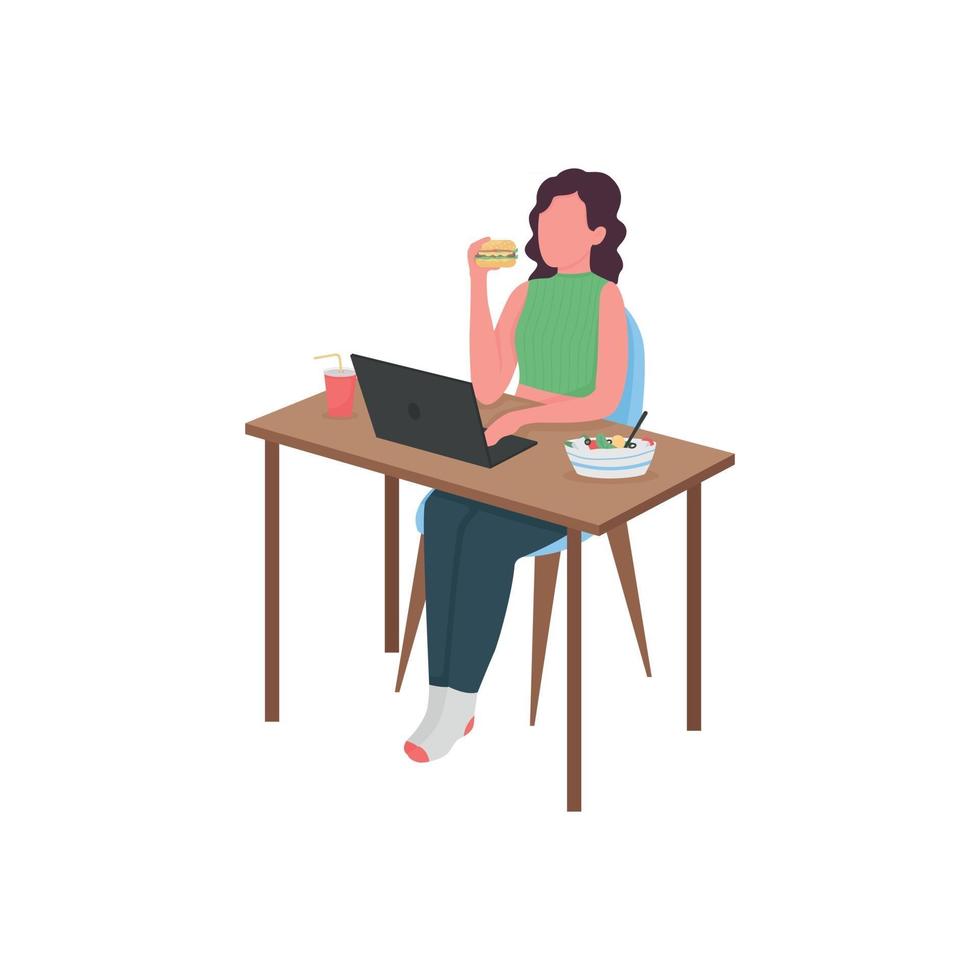 Woman eating at computer desk flat color vector faceless character