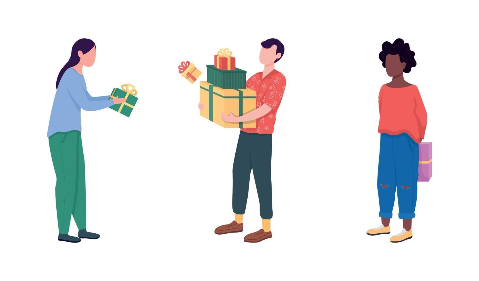 Giving and receiving gifts flat color vector faceless character set