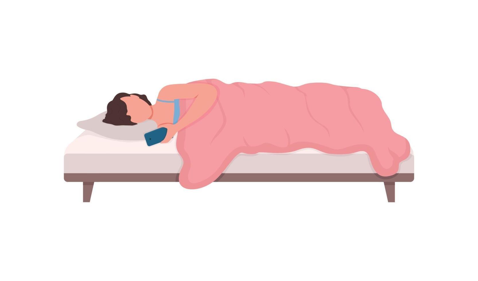 Girl with smartphone in bed flat color vector faceless character