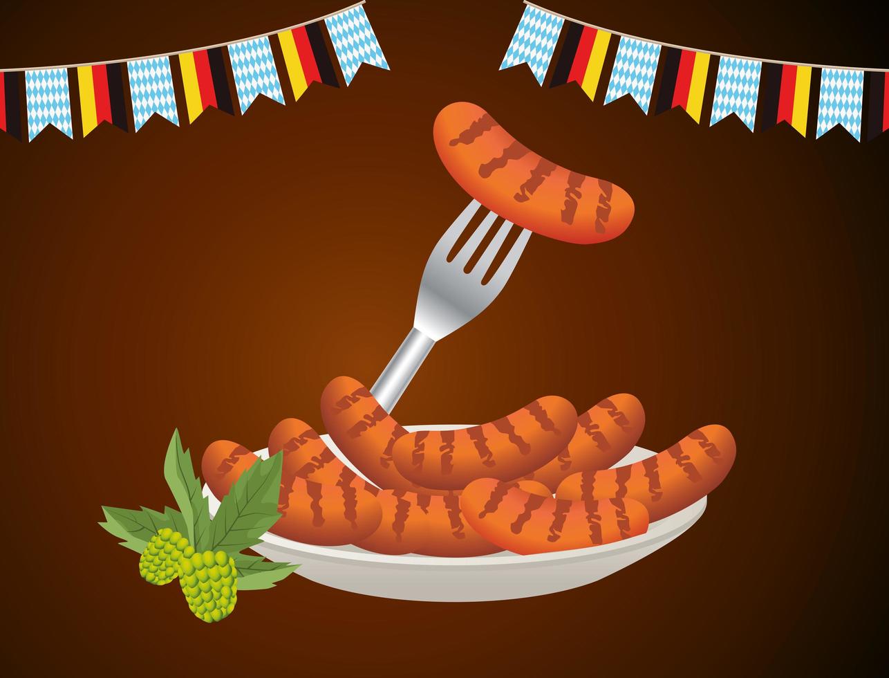 happy oktoberfest celebration with sausages in dish and garlands vector