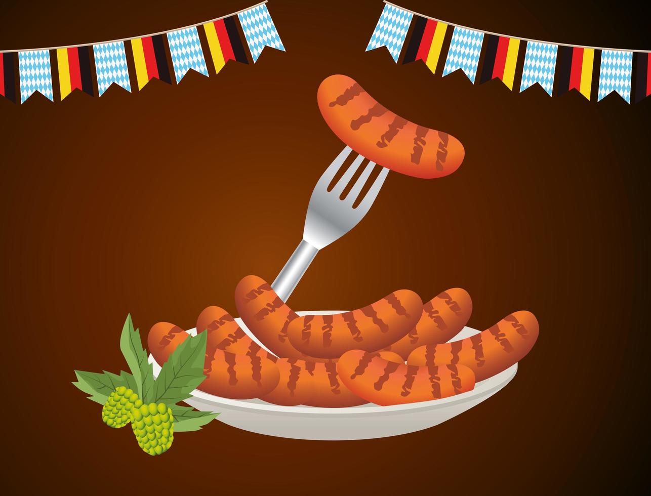 feliz celebración oktoberfest con salchichas en plato y guirnaldas vector