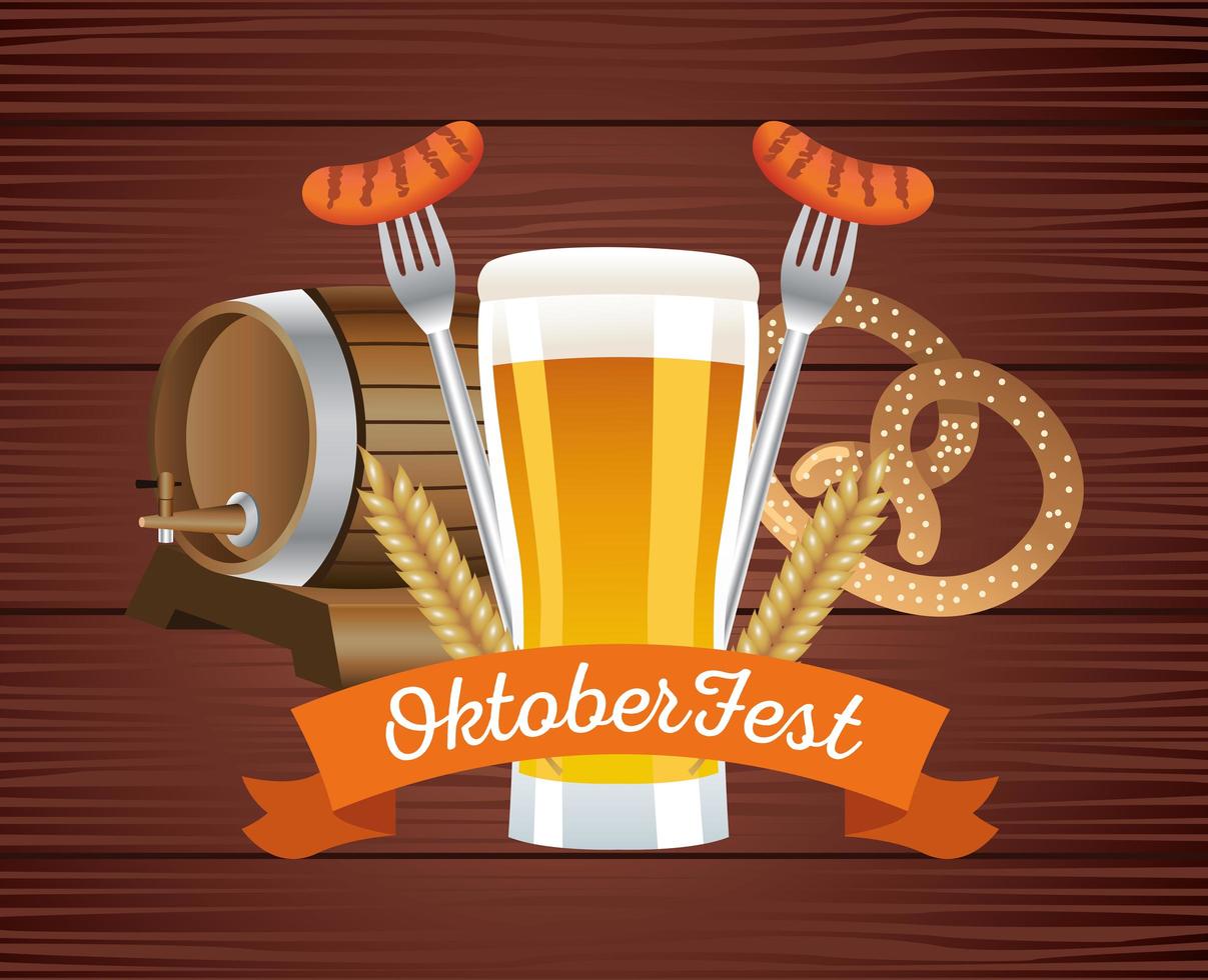 happy oktoberfest celebration with beers and food in wooden background vector