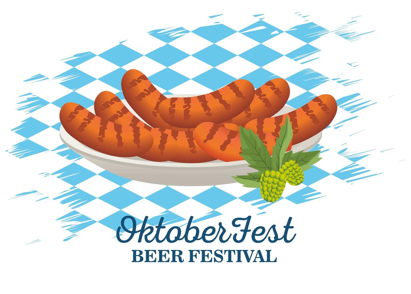 happy oktoberfest celebration with sausages in dish with flag background vector