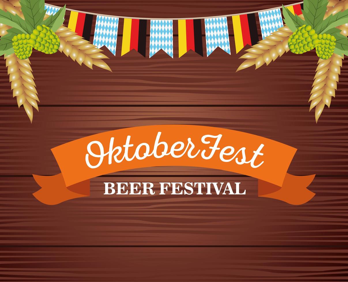 Feliz celebración del Oktoberfest con guirnaldas y bastidor en fondo de madera vector