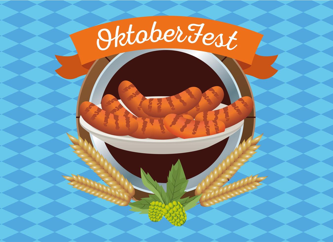 Feliz celebración de la Oktoberfest con salchichas en marco de madera vector