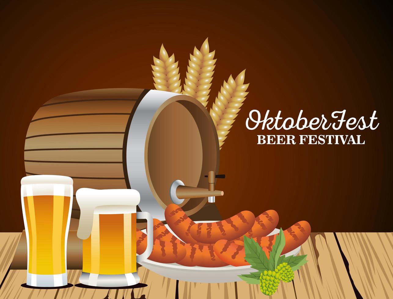 happy oktoberfest celebration barrel with beers jars and sausages vector