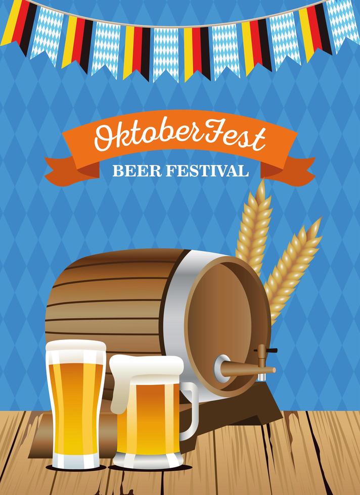 feliz celebración oktoberfest barril con jarras de cerveza y guirnaldas vector