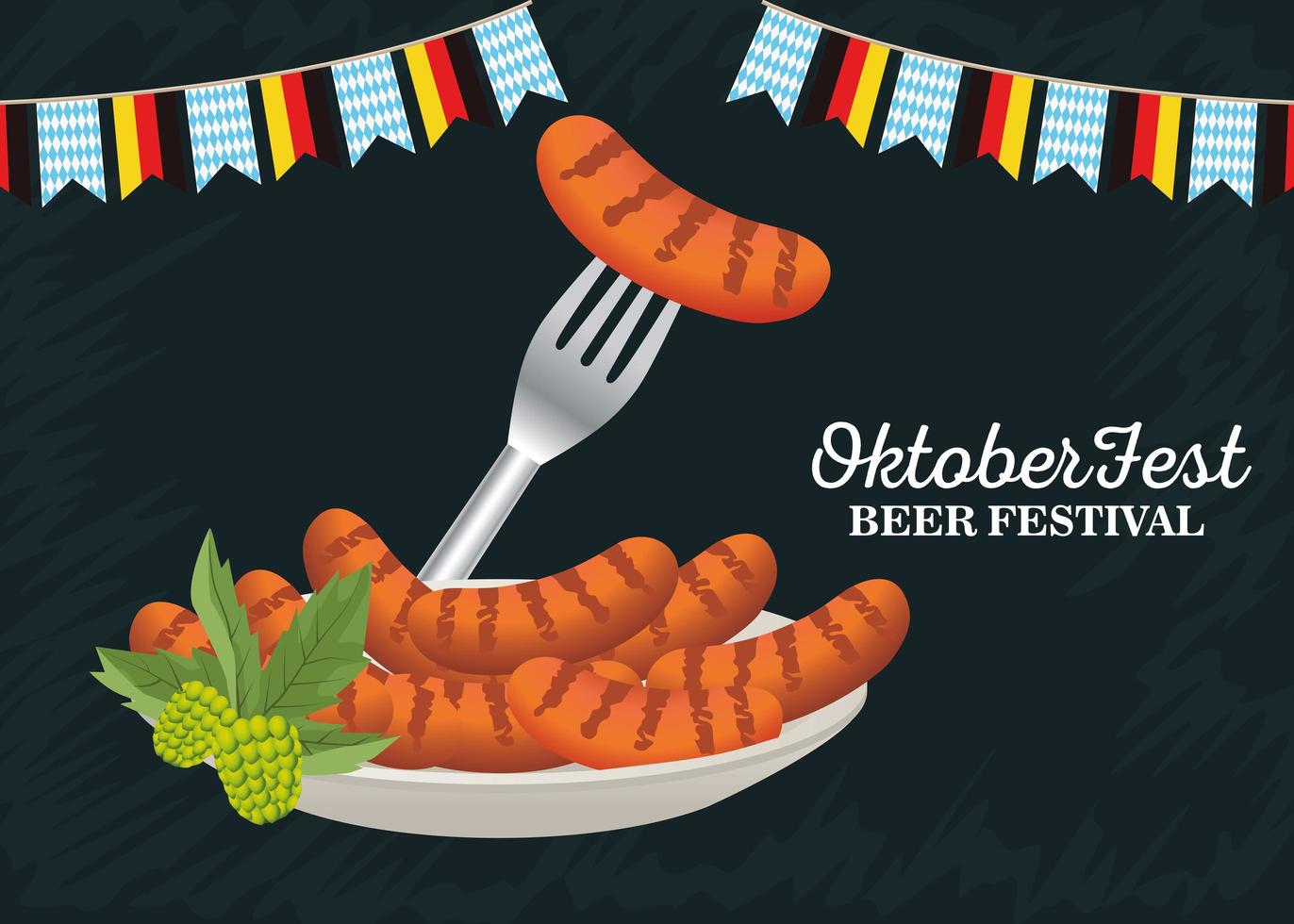 happy oktoberfest celebration with sausages in dish and party garlands vector